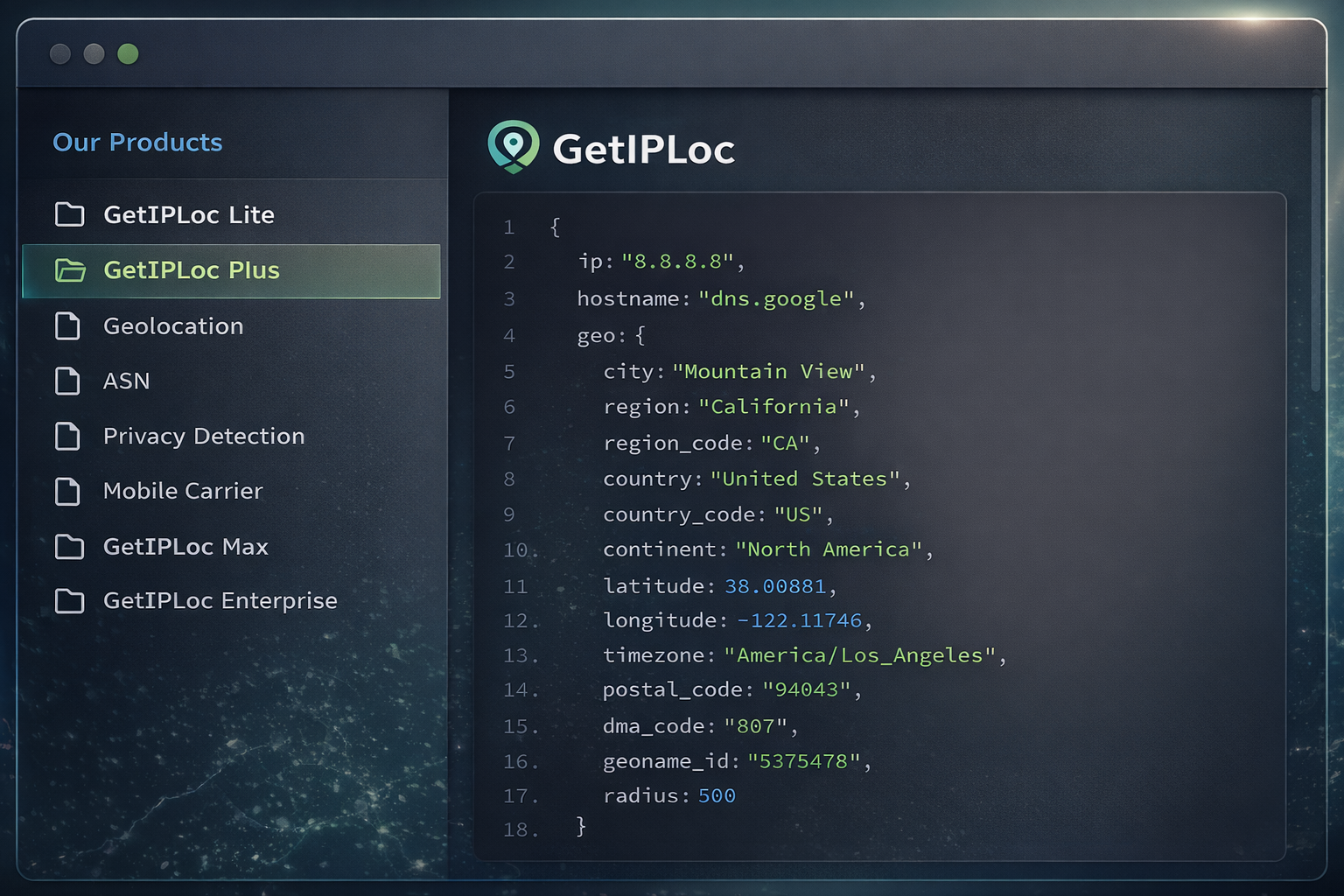 GetIPLoc lookup result with city, ISP, ASN and VPN fields